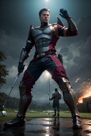 Epic CG masterpiece, "Odin" in battle armor came like a god The dancing long golf club, Swing hard with a golf club, charging forward battlefield, the burst meteor, the fierce battle of fighting with his life, God Odin raised his golf club and looked down on all living beings in a rainy night, graphic tension, dynamic poses, stunning colors, 3D rendering, surrealism, cinematic lighting effects, realism, 00 renderer, super realistic, 8k, HD,valorantviper