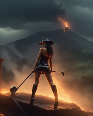 1 sexy witch holding up a large ancient golf club iron, (standing on top of a large mountain), in the background there is the burning halfway house and golf course, golf course, intense lightning, dark and rainy, a grey swamp and an army of skeletons, she is wearing a sexy witches outfit, (tatoos on body:1.15), witch's horn, very dark vibes, (lighting strike in he background), ((rain)), wet skin, very cinematic sony photography for the box art of a movie (best quality,8k,highres,photorealism:1.3), (rain), (wet hair), ultra-detailed, ,detailmaster2,Movie Still,HellAI,fire,b3rli,fire element,skull