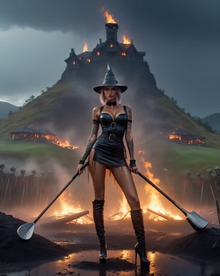 1 sexy witch holding up a large ancient golf club vertically, (standing on top of a large mountain), in the background there is the burning halfway house and golf course, a grey swamp and an army of skeletons, she is wearing a sexy witches outfit, (tatoos on body:1.15), very dark vibes, (lighting strike in he background), ((rain)), wet skin, very cinematic sony photography for the box art of a movie (best quality,8k,highres,photorealism:1.3), (rain), (wet hair), ultra-detailed, ,detailmaster2,Movie Still,HellAI,fire