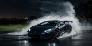 A dark blue-grey matte Lamborghini lights up on a very dark night and splashes rainwater on a rainy golf course, like a scene from a movie, The Lamborghini is inscribed with the letter JKGOLFACADEMY, Water splashes strongly from the wheel, splashing water, high speed, when it rains, water splashes against the golf field, The image of another red sports car running up is blurred, Drift Cup Racing, with the wind causing its occupants' hair to flutter beautifully, The golf course is lively and filled with the strong drops of water scene, accompanied by the engine sound of the sports car and the sound of the wind, creating an immersive experience, I want to see the view of St. Nine's wide golf course, It shows the wheel part in a big way, RAW photo, 8K UHD,