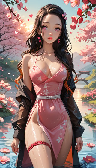 score_9, score_8_up, score_7_up,  ultra detailed, 1girl, blue cheongsam, off shoulder, solo, heart, curvy, solo, sultry look, romantic sunset, surrounded by red flowers in a flower meadow, walling in a river, wet, cherry blossom, moonlight, thigh strap, dynamic pose, Expressiveh, Kamado Nezuko /(Kimetsu no Yaiba)/, pink eyes, black hair, brown hair, two-tone hair, forehead, looking aside,