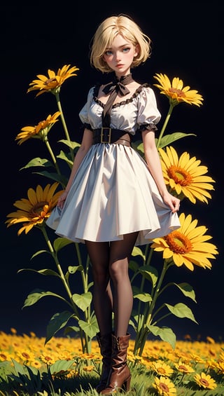 (masterpiece, top quality, best quality, official art, beautiful and aesthetic:1.2), 1girl, flower, solo, petals, breasts, short_hair, blonde_hair, medium_breasts, yellow_flower, dress, flower_field, parted_lips, looking_at_viewer, field, white_flower, orange_theme, upper_body, dark simple background, looking at viewer, blonde,
pantyhose, boots, full_body