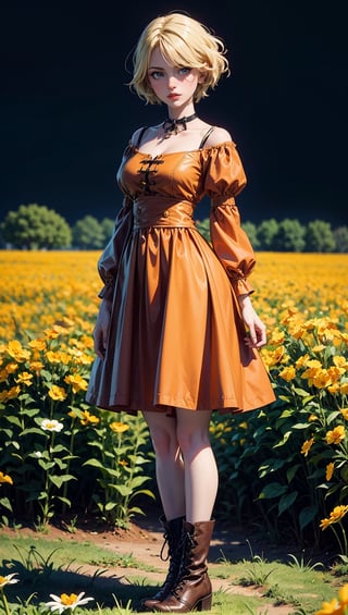 (masterpiece, top quality, best quality, official art, beautiful and aesthetic:1.2), 1girl, flower, solo, petals, breasts, short_hair, blonde_hair, medium_breasts, yellow_flower, dress, flower_field, parted_lips, looking_at_viewer, field, white_flower, orange_theme, upper_body, dark simple background, looking at viewer, blonde,
pantyhose, boots, full_body