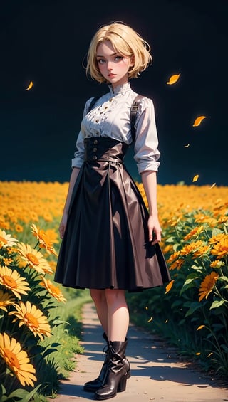 (masterpiece, top quality, best quality, official art, beautiful and aesthetic:1.2), 1girl, flower, solo, petals, breasts, short_hair, blonde_hair, medium_breasts, yellow_flower, dress, flower_field, parted_lips, looking_at_viewer, field, white_flower, orange_theme, upper_body, dark simple background, looking at viewer, blonde,
pantyhose, boots, full_body