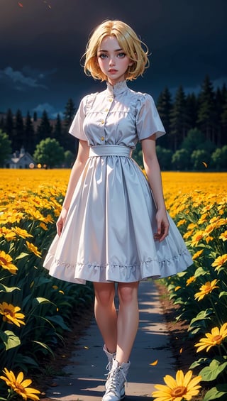 (masterpiece, top quality, best quality, official art, beautiful and aesthetic:1.2), 1girl, flower, solo, petals, breasts, short_hair, blonde_hair, medium_breasts, yellow_flower, dress, flower_field, parted_lips, looking_at_viewer, field, white_flower, orange_theme, upper_body, dark simple background, looking at viewer, blonde,
white pantyhose, boots, full_body