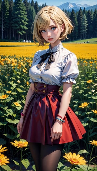 (masterpiece, top quality, best quality, official art, beautiful and aesthetic:1.2), 1girl, flower, solo, petals, breasts, short_hair, blonde_hair, medium_breasts, yellow_flower, dress, flower_field, parted_lips, looking_at_viewer, field, white_flower, orange_theme, upper_body, dark simple background, looking at viewer, blonde,
pantyhose, boots, full_body