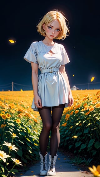 (masterpiece, top quality, best quality, official art, beautiful and aesthetic:1.2), 1girl, flower, solo, petals, breasts, short_hair, blonde_hair, medium_breasts, yellow_flower, dress, flower_field, parted_lips, looking_at_viewer, field, white_flower, orange_theme, upper_body, dark simple background, looking at viewer, blonde,
pantyhose, boots, full_body