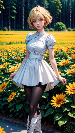 (masterpiece, top quality, best quality, official art, beautiful and aesthetic:1.2), 1girl, flower, solo, petals, breasts, short_hair, blonde_hair, medium_breasts, yellow_flower, dress, flower_field, parted_lips, looking_at_viewer, field, white_flower, orange_theme, upper_body, dark simple background, looking at viewer, blonde,
pantyhose, boots, full_body