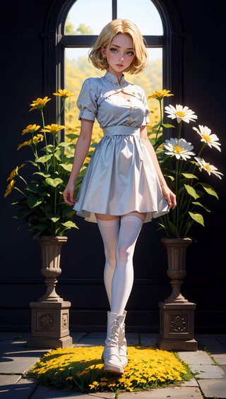 (masterpiece, top quality, best quality, official art, beautiful and aesthetic:1.2), 1girl, flower, solo, petals, breasts, short_hair, blonde_hair, medium_breasts, yellow_flower, dress, flower_field, parted_lips, looking_at_viewer, field, white_flower, orange_theme, upper_body, dark simple background, looking at viewer, blonde,
white pantyhose, boots, full_body