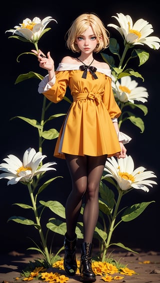 (masterpiece, top quality, best quality, official art, beautiful and aesthetic:1.2), 1girl, flower, solo, petals, breasts, short_hair, blonde_hair, medium_breasts, yellow_flower, dress, flower_field, parted_lips, looking_at_viewer, field, white_flower, orange_theme, upper_body, dark simple background, looking at viewer, blonde,
pantyhose, boots, full_body