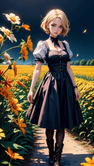 (masterpiece, top quality, best quality, official art, beautiful and aesthetic:1.2), 1girl, flower, solo, petals, breasts, short_hair, blonde_hair, medium_breasts, yellow_flower, dress, flower_field, parted_lips, looking_at_viewer, field, white_flower, orange_theme, upper_body, dark simple background, looking at viewer, blonde,
pantyhose, boots, full_body