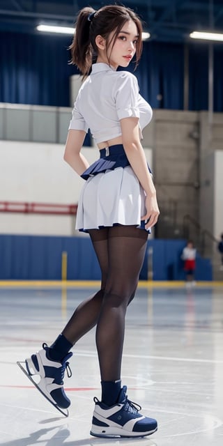 20-year-old Korean female speed skater, moderately muscular, (170 cm tall with long lower body), full-body back shot, short ponytail hair, natural lighting on her face, big_breast, sneakers, pantyhose, School Uniform, White dress Shirt, Navy blue skirt, necktie, speed skating arena background, v4ni4,hf_Alexandra_Nagy-20,Detailedface