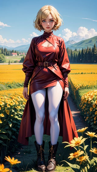 (masterpiece, top quality, best quality, official art, beautiful and aesthetic:1.2), 1girl, flower, solo, petals, breasts, short_hair, blonde_hair, medium_breasts, yellow_flower, dress, flower_field, parted_lips, looking_at_viewer, field, white_flower, orange_theme, upper_body, dark simple background, looking at viewer, blonde,
white pantyhose, boots, full_body