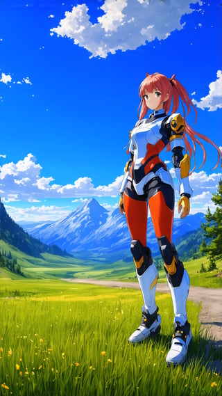 Highly detailed animation of a cyborg girl standing in lamar valley of Yellowstone,20yo,American girl,clear facial features,model body,detailed hair,vibrant colors,perfect body proportions,(highly detailed form-fitting mecha armor),(backdrop:lamarva11ey,outdoors,sky,day, cloud,tree,cloudy sky,grass,nature, beautiful scenery,mountain,winding road,landscape, american bisons,(girl focus)
BREAK 
anime vibes,(fullbody wide shot),rule of thirds,studio photo,(masterpiece,sharp focus,high contrast,HDR, trending on artstation,8K,Hyper-detailed,intricate details,hyper realistic:1.3),cinematic lighting,by Karol Bak, Alessandro Pautasso, Hayao Miyazaki,Ye11owst0ne,ek_real_b00ster,ek_photo_booster