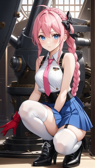 Hyper-Detailed Anime of Atlanta \(Azur Lane\),1girl, solo, long hair, breasts, looking at viewer, blush, bangs, blue eyes, skirt, shirt, thighhighs, gloves, ribbon, cleavage, bare shoulders, underwear, panties, full body, hair ribbon, white shirt, pink hair, braid, ahoge, pleated skirt, small breasts, detached sleeves, necktie, shoes, indoors, fingerless gloves, black footwear, white thighhighs, blue skirt, sleeveless shirt, black ribbon, thigh strap, squatting, red necktie, single thighhigh, french braid, red gloves, machinery, asymmetrical legwear, turret, anchor, uneven legwear, rigging, pink gloves, pink necktie, rudder footwear,simple background,cluttered maximalism
BREAK
(rule of thirds:1.3),(thick drawing lines:1.3),perfect composition,studio photo,trending on artstation,(Masterpiece,Best quality,32k,UHD,sharp focus,high contrast,HDR,hyper-detailed,intricate details,ultra-clear:1.3),(cinematic lighting),ani_booster