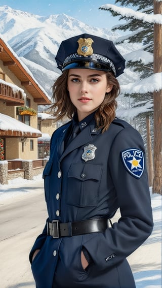 Hyper-Realistic photo of a beautiful LAPD police officer in a winter resort,20yo,1girl,solo,LAPD police uniform,cap,detailed exquisite face,soft shiny skin,smile,looking at viewer,Kristen Stewart lookalike,cap,sunglasses,fullbody:1.3
BREAK
backdrop:winter resort center,snow,road,police car,tree,girl focus,[cluttered maximalism]
BREAK
settings: (rule of thirds1.3),perfect composition,studio photo,trending on artstation,depth of perspective,(Masterpiece,Best quality,32k,UHD:1.4),(sharp focus,high contrast,HDR,hyper-detailed,intricate details,ultra-realistic,kodachrome 800:1.3),(cinematic lighting:1.3),(by Karol Bak$,Alessandro Pautasso$,Gustav Klimt$ and Hayao Miyazaki$:1.3),art_booster,photo_b00ster, real_booster,w1nter res0rt