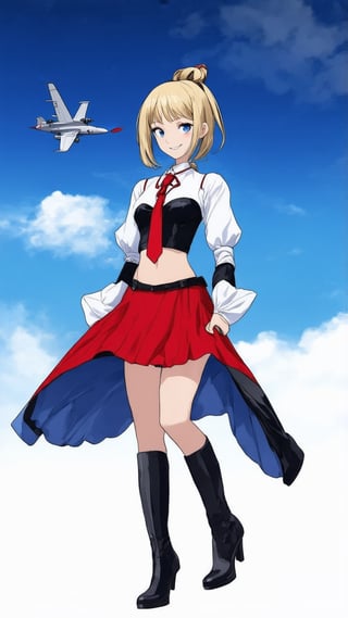 1girl, solo, long hair, breasts, looking at viewer, smile, bangs, blue eyes, skirt, blonde hair, large breasts, simple background, hair ornament, thighhighs, cleavage, bare shoulders, full body, ponytail, pleated skirt, boots, detached sleeves, necktie, hairclip, black thighhighs, strapless, red skirt, white footwear, red necktie, black background, cross-laced footwear, machinery, turret, aircraft, airplane, rigging,ek_ani_b00ster,Watercolor