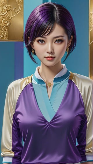 Highly detailed portrait of a japanese woman,20yo, alluring neighbor's wife,dark short haired,clear facial features,detailed symmetric face,detailed soft shiny skin,perfect female form,model body,playful smirks,modern jacket on polo shirt,shopping street backdrop,studio photo,(Purple,Turquoise,Gold,Cream color),trending on artstation,gothic art,mysterious,global illumination,detailed and intricate environment,(Hyper-realistic photography,Masterpiece, HDR,Hyper-detailed,intricate details,Kodakchome 800,sharp focus,high contrast:1.3), close up,cinematic lighting,by Karol Bak and Gustav Klimt, real_booster, art_booster,H effect