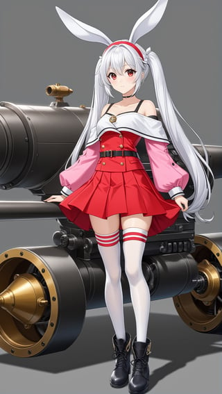 Hyper-Detailed Anime of Laffey \(Azur Lane\), 1girl, solo, long hair, looking at viewer, bangs, skirt, hair ornament, red eyes, thighhighs, long sleeves, animal ears, twintails, collarbone, jacket, full body, white hair, pleated skirt, hairband, boots, grey background, off shoulder, rabbit ears, white thighhighs, zettai ryouiki, red skirt, thigh boots, strap slip, camisole, machinery, turret, cannon, red hairband, pink jacket, searchlight,simple background,cluttered maximalism
BREAK
(rule of thirds:1.3),(thick drawing lines:1.2),perfect composition,studio photo,trending on artstation,(Masterpiece,Best quality,32k,UHD,sharp focus,high contrast,HDR,hyper-detailed,intricate details,ultra-clear:1.3),(cinematic lighting),photo_b00ster, real_booster,art_booster,ani_booster