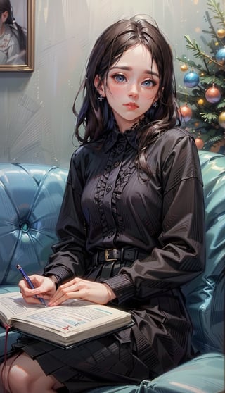 beautiful girl using (notebook computer),sitting in cafe with X-mas tree and decoration,small face,(blue) outfit,oil painting,by jenny saville and nicolas uribe,1 girl,han-hyoju