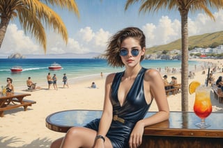 Hyper-Realistic photo of a beautiful LAPD police officer sitting in a cocktail bar on a beach,20yo,1girl,solo,LAPD police uniform,cap,detailed exquisite face,soft shiny skin,smile,looking at viewer,Kristen Stewart lookalike,cap,sunglasses,fullbody:1.3
BREAK
backdrop:cocktail bar,table,cocktail,beach,sky,boat,[cluttered maximalism]
BREAK
settings: (rule of thirds1.3),perfect composition,studio photo,trending on artstation,depth of perspective,(Masterpiece,Best quality,32k,UHD:1.4),(sharp focus,high contrast,HDR,hyper-detailed,intricate details,ultra-realistic,kodachrome 800:1.3),(cinematic lighting:1.3),(by Karol Bak$,Alessandro Pautasso$,Gustav Klimt$ and Hayao Miyazaki$:1.3),art_booster,photo_b00ster, real_booster