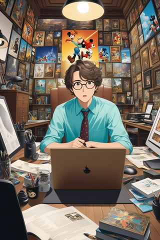 Highly detailed anime of a young businessman sitting in front of a computer in his office,looking excited,short brown hair,brown skin,wearing glasses,wearing an aqua shirt,backdrop of busy office,cluttered maximalism,(Disney Pixar-style:1.3)
BREAK 
(anime vibes:1.3),rule of thirds,studio photo,(masterpiece,best quality,trending on artstation,8K,Hyper-detailed,intricate details,ink and pen),cinematic lighting,by Karol Bak,Antonio López,Gustav Klimt and Hayao Miyazaki,ani_booster,real_booster,art_booster