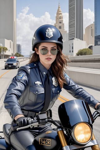 Hyper-Realistic photo of a beautiful LAPD police officer riding a police highway patrol motorcycle,20yo,1girl,solo,detailed exquisite face,soft shiny skin,lips,smile,looking at viewer,Kristen Stewart lookalike,LAPD police highway patrol uniform,helmet,sunglasses,fullbody:1.3 
BREAK backdrop:highway,bridge,city view,sky,[cluttered maximalism]
BREAK
settings: (rule of thirds1.3),perfect composition,studio photo,trending on artstation,depth of perspective,(Masterpiece,Best quality,32k,UHD:1.4),(sharp focus,high contrast,HDR,hyper-detailed,intricate details,ultra-realistic,kodachrome 800:1.3),(cinematic lighting:1.3),(by Karol Bak$,Alessandro Pautasso$,Gustav Klimt$ and Hayao Miyazaki$:1.3),art_booster,photo_b00ster, real_booster