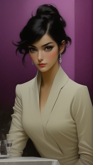 portrait of a sophisticated girl,20yo,sitting in cafe,alluring neighbor's wife,clear facial features,detailed exquisite face,perfect female form,hourglassfigure,elegant jacket on dress,detailed backdrop,(Flamingo Pink,Stained Beige,Purple Gray,Creamy White color),
trending on artstation,perfect composition,cinematic lighting,anime vibes, Kugisaki nobara,(close up),by Karol Bak, Alessandro Pautasso and Hayao Miyazaki
BREAK A realistic photo of modern luxury cafe in winder resort1,snow,tree,winter resort1