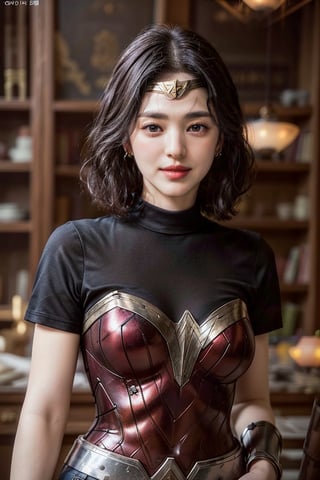 (masterpiece,best quality,ultra-detailed,8K,intricate, realistic),girl in photo studio,smile,dishelved black bob_cut,earrings,jewelry,upper body,(red) polo shirt on top,(colorful),rembrandt lighting,wonder_woman,song-hyegyo