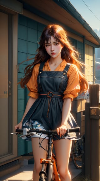 girl in long hair orange eye riding, rx 100 bike,, acrylic painting, trending on pixiv fanbox, palette knife and brush strokes, style of makoto shinkai jamie wyeth james gilleard edward hopper greg rutkowski studio ghibli genshin impact