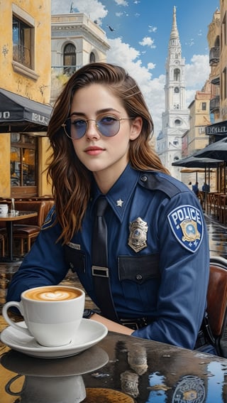 Hyper-Realistic photo of a beautiful LAPD police officer sitting in a cafe,20yo,1girl,solo,LAPD police uniform,cap,detailed exquisite face,soft shiny skin,smile,looking at viewer,Kristen Stewart lookalike,cap,sunglasses,fullbody:1.3
BREAK
backdrop:city street,table,coffee mug,sky,puddles,[cluttered maximalism]
BREAK
settings: (rule of thirds1.3),perfect composition,studio photo,trending on artstation,depth of perspective,(Masterpiece,Best quality,32k,UHD:1.4),(sharp focus,high contrast,HDR,hyper-detailed,intricate details,ultra-realistic,kodachrome 800:1.3),(cinematic lighting:1.3),(by Karol Bak$,Alessandro Pautasso$,Gustav Klimt$ and Hayao Miyazaki$:1.3),art_booster,photo_b00ster, real_booster