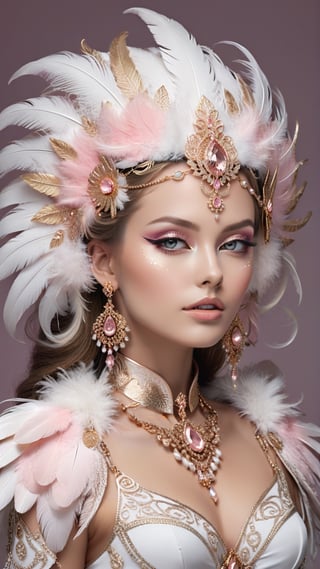 A gorgeous woman,detailed exquisite symmetric face,make up,foxy eyes,soft shiny skin,studio photo,majestic,opulent,filigree jewelleries and [fluffy feathers],pink white gold colors,untra-detailed,magic,epic,fantasy,barok,(full body sideview)