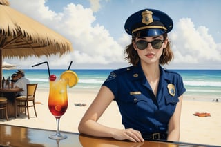 Hyper-Realistic photo of a beautiful LAPD police officer sitting in a cocktail bar on a beach,20yo,1girl,solo,LAPD police uniform,cap,detailed exquisite face,soft shiny skin,smile,looking at viewer,Kristen Stewart lookalike,cap,sunglasses,fullbody:1.3
BREAK
backdrop:cocktail bar,table,cocktail,beach,sky,boat,[cluttered maximalism]
BREAK
settings: (rule of thirds1.3),perfect composition,studio photo,trending on artstation,depth of perspective,(Masterpiece,Best quality,32k,UHD:1.4),(sharp focus,high contrast,HDR,hyper-detailed,intricate details,ultra-realistic,kodachrome 800:1.3),(cinematic lighting:1.3),(by Karol Bak$,Alessandro Pautasso$,Gustav Klimt$ and Hayao Miyazaki$:1.3),art_booster,photo_b00ster, real_booster