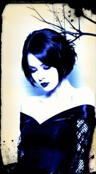 Ink background, black silhouette of gothic girl, edges, short hair, off-shoulder dress, polaroid effect, high detail, high contrast