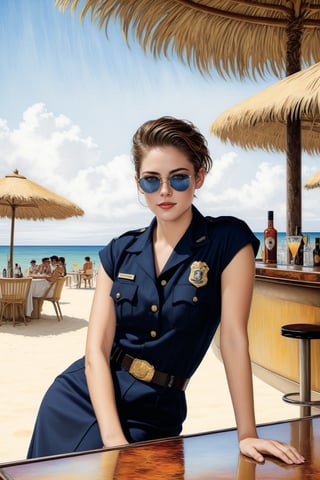 Hyper-Realistic photo of a beautiful LAPD police officer sitting in a cocktail bar on a beach,20yo,1girl,solo,LAPD police uniform,cap,detailed exquisite face,soft shiny skin,smile,looking at viewer,Kristen Stewart lookalike,cap,sunglasses,fullbody:1.3
BREAK
backdrop:cocktail bar,table,cocktail,beach,sky,boat,[cluttered maximalism]
BREAK
settings: (rule of thirds1.3),perfect composition,studio photo,trending on artstation,depth of perspective,(Masterpiece,Best quality,32k,UHD:1.4),(sharp focus,high contrast,HDR,hyper-detailed,intricate details,ultra-realistic,kodachrome 800:1.3),(cinematic lighting:1.3),(by Karol Bak$,Alessandro Pautasso$,Gustav Klimt$ and Hayao Miyazaki$:1.3),art_booster,photo_b00ster, real_booster