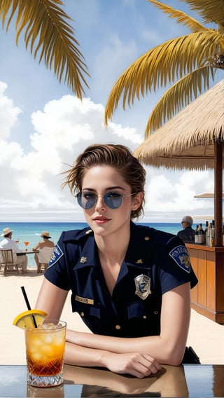 Hyper-Realistic photo of a beautiful LAPD police officer sitting in a cocktail bar on a beach,20yo,1girl,solo,LAPD police uniform,cap,detailed exquisite face,soft shiny skin,smile,looking at viewer,Kristen Stewart lookalike,cap,sunglasses,fullbody:1.3
BREAK
backdrop:cocktail bar,table,cocktail,beach,sky,boat,[cluttered maximalism]
BREAK
settings: (rule of thirds1.3),perfect composition,studio photo,trending on artstation,depth of perspective,(Masterpiece,Best quality,32k,UHD:1.4),(sharp focus,high contrast,HDR,hyper-detailed,intricate details,ultra-realistic,kodachrome 800:1.3),(cinematic lighting:1.3),(by Karol Bak$,Alessandro Pautasso$,Gustav Klimt$ and Hayao Miyazaki$:1.3),art_booster,photo_b00ster, real_booster