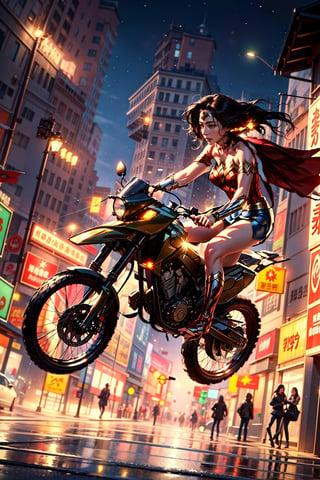 Generate AI art describing Wonder Woman in a Santa costume, riding a Suzuki's latest motorcycle, jumping in the air while carrying a large gift bag on her back. Create a Christmas-themed scene with vibrant colors, festive decorations, and a sense of excitement. Emphasize the dynamic and joyful atmosphere of the moment as Wonder Woman spreads holiday cheer on her motorcycle.,1 girl,wonder_woman,kwon-nara