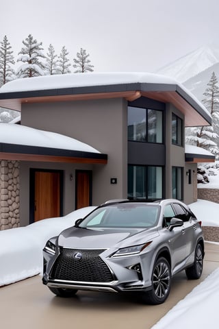 ((Hyper-Realistic)) photo of a (SONIC CHROME color:1.2) ((Lexus RX 500h)) parked in front of resort house,Front view,well-lit,silver and black stylish alloy wheels
BREAK
modern resort house,very sophisticated and stylish mountain home,contemporary design,luxurious, windows,snow,snowing, street,trees,mid-size house \(delightful front porch,tall multi-pane windows,wall cladding with accents of dark brown veneer stones and steel battens combined to create a spectacular exterior of the house\),cluttered maximalism
BREAK
aesthetic,rule of thirds,depth of perspective,perfect composition,studio photo,trending on artstation,cinematic lighting,(Hyper-realistic photography,masterpiece,best quality,photorealistic,ultra-detailed,intricate details,32K,UHD,sharp focus,high contrast,kodachrome 800,HDR:1.2),(shot on Canon EOS 5D,eye level,soft diffused lighting,vignette,highest quality,original shot:1.2),by Antonio Lopez,Diego Koi,David Parrish,Sebastiao Salgado and Steve McCurry,
real_booster,ani_booster,w1nter res0rt,art_booster,H effect,(car focus:1.2),Extremely Realistic,photo_b00ster