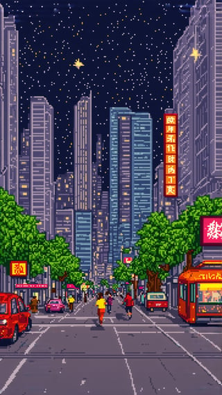 Pixel art of a vibrant cityscape at night. Tall skyscrapers with illuminated windows, neon signs, and bustling streets filled with people. Brightly lit billboards and streetlights cast a warm glow. Cars and buses move along the roads, while people walk on sidewalks and gather at street corners. A dark sky with twinkling stars above, reflecting the lively atmosphere of the city. Small details like street vendors, food carts, and trees along the sidewalks add charm to the scene.,ek_art_b00ster,photo realistic,pixelartsd3