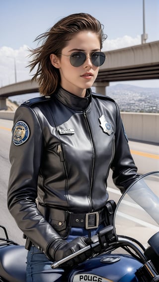 Hyper-Realistic photo of a beautiful LAPD police officer riding a police highway patrol motorcycle,20yo,1girl,solo,detailed exquisite face,soft shiny skin,lips,smile,looking at viewer,Kristen Stewart lookalike,LAPD police highway patrol uniform,helmet,sunglasses,fullbody:1.3 
BREAK backdrop:highway,bridge,city view,sky,[cluttered maximalism]
BREAK
settings: (rule of thirds1.3),perfect composition,studio photo,trending on artstation,depth of perspective,(Masterpiece,Best quality,32k,UHD:1.4),(sharp focus,high contrast,HDR,hyper-detailed,intricate details,ultra-realistic,kodachrome 800:1.3),(cinematic lighting:1.3),(by Karol Bak$,Alessandro Pautasso$,Gustav Klimt$ and Hayao Miyazaki$:1.3),art_booster,photo_b00ster, real_booster