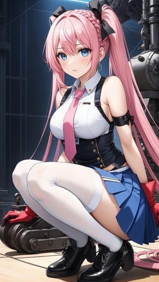 Hyper-Detailed Anime of Atlanta \(Azur Lane\),1girl, solo, long hair, breasts, looking at viewer, blush, bangs, blue eyes, skirt, shirt, thighhighs, gloves, ribbon, cleavage, bare shoulders, underwear, panties, full body, hair ribbon, white shirt, pink hair, braid, ahoge, pleated skirt, small breasts, detached sleeves, necktie, shoes, indoors, fingerless gloves, black footwear, white thighhighs, blue skirt, sleeveless shirt, black ribbon, thigh strap, squatting, red necktie, single thighhigh, french braid, red gloves, machinery, asymmetrical legwear, turret, anchor, uneven legwear, rigging, pink gloves, pink necktie, rudder footwear,simple background,cluttered maximalism
BREAK
(rule of thirds:1.3),(thick drawing lines:1.3),perfect composition,studio photo,trending on artstation,(Masterpiece,Best quality,32k,UHD,sharp focus,high contrast,HDR,hyper-detailed,intricate details,ultra-clear:1.3),(cinematic lighting),ani_booster