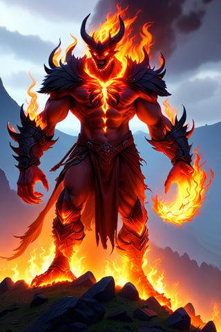 an evil man stands on a hill top. He uses the magic spell and turns into a powerful fire magic \(ek_ge1frt\) monster,ek_game_3ffect,