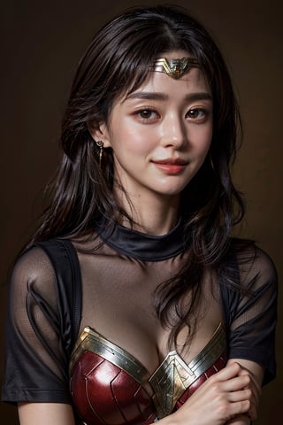 (masterpiece,best quality,ultra-detailed,8K,intricate, realistic),girl in photo studio,deep red gradation background,smile,black ponytail,earrings,jewelry, upper body,polo shirt on top,(colorful),rembrandt lighting,wonder_woman,kwon-nara