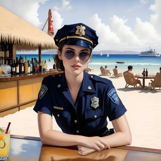 Hyper-Realistic photo of a beautiful LAPD police officer sitting in a cocktail bar on a beach,20yo,1girl,solo,LAPD police uniform,cap,detailed exquisite face,soft shiny skin,smile,looking at viewer,Kristen Stewart lookalike,cap,sunglasses,fullbody:1.3
BREAK
backdrop:cocktail bar,table,cocktail,beach,sky,boat,[cluttered maximalism]
BREAK
settings: (rule of thirds1.3),perfect composition,studio photo,trending on artstation,depth of perspective,(Masterpiece,Best quality,32k,UHD:1.4),(sharp focus,high contrast,HDR,hyper-detailed,intricate details,ultra-realistic,kodachrome 800:1.3),(cinematic lighting:1.3),(by Karol Bak$,Alessandro Pautasso$,Gustav Klimt$ and Hayao Miyazaki$:1.3),art_booster,photo_b00ster, real_booster