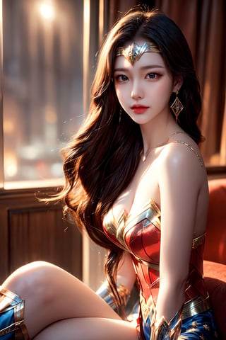 Wonder woman sitting on luxury hotel lbed, Korean girl, 1girl, (wonder woman costume), slim waist and big hips, 20yo, high ponytail, big sparkling earrings, beautiful necklace, looking at viewer, upper body shot, crossing legs, side view, 

masterpiece, best quality, realistic, ultra highres, depth of field, (detailed face:1.5), (detailed eyes:1.5), detailed background, (masterpiece:1.2), (ultra detailed), (best quality), intricate, cinematic lighting, 8K raw photo, glamour magazine