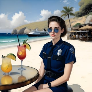 Hyper-Realistic photo of a beautiful LAPD police officer sitting in a cocktail bar on a beach,20yo,1girl,solo,LAPD police uniform,cap,detailed exquisite face,soft shiny skin,smile,looking at viewer,Kristen Stewart lookalike,cap,sunglasses,fullbody:1.3
BREAK
backdrop:cocktail bar,table,cocktail,beach,sky,boat,[cluttered maximalism]
BREAK
settings: (rule of thirds1.3),perfect composition,studio photo,trending on artstation,depth of perspective,(Masterpiece,Best quality,32k,UHD:1.4),(sharp focus,high contrast,HDR,hyper-detailed,intricate details,ultra-realistic,kodachrome 800:1.3),(cinematic lighting:1.3),(by Karol Bak$,Alessandro Pautasso$,Gustav Klimt$ and Hayao Miyazaki$:1.3),art_booster,photo_b00ster, real_booster