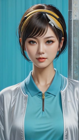 Highly detailed portrait of a japanese woman,20yo, alluring neighbor's wife,dark short haired,clear facial features,detailed symmetric face,detailed soft shiny skin,perfect female form,model body,playful smirks,modern jacket on polo shirt,shopping street backdrop,studio photo,(Turquoise,Baby Blue,Mustard Yellow,Gray color),trending on artstation,gothic art,mysterious,global illumination,detailed and intricate environment,(Hyper-realistic photography,Masterpiece, HDR,Hyper-detailed,intricate details,Kodakchome 800,sharp focus,high contrast:1.3), close up,cinematic lighting,by Karol Bak and Gustav Klimt, real_booster, art_booster,H effect