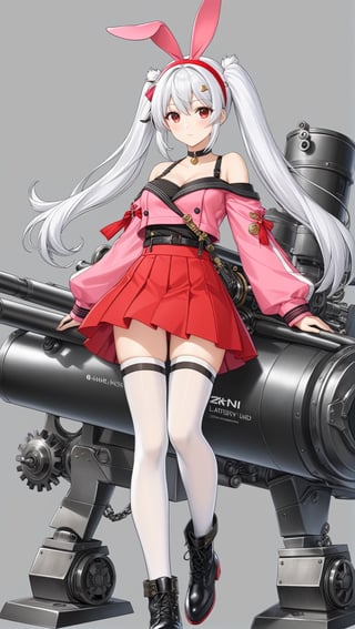 Hyper-Detailed Anime of Laffey \(Azur Lane\), 1girl, solo, long hair, looking at viewer, bangs, skirt, hair ornament, red eyes, thighhighs, long sleeves, animal ears, twintails, collarbone, jacket, full body, white hair, pleated skirt, hairband, boots, grey background, off shoulder, rabbit ears, white thighhighs, zettai ryouiki, red skirt, thigh boots, strap slip, camisole, machinery, turret, cannon, red hairband, pink jacket, searchlight,simple background,cluttered maximalism
BREAK
(rule of thirds:1.3),(thick drawing lines:1.2),perfect composition,studio photo,trending on artstation,(Masterpiece,Best quality,32k,UHD,sharp focus,high contrast,HDR,hyper-detailed,intricate details,ultra-clear:1.3),(cinematic lighting),photo_b00ster, real_booster,art_booster,ani_booster