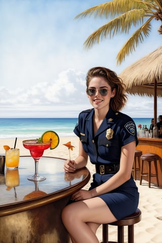 Hyper-Realistic photo of a beautiful LAPD police officer sitting in a cocktail bar on a beach,20yo,1girl,solo,LAPD police uniform,cap,detailed exquisite face,soft shiny skin,smile,looking at viewer,Kristen Stewart lookalike,cap,sunglasses,fullbody:1.3
BREAK
backdrop:cocktail bar,table,cocktail,beach,sky,boat,[cluttered maximalism]
BREAK
settings: (rule of thirds1.3),perfect composition,studio photo,trending on artstation,depth of perspective,(Masterpiece,Best quality,32k,UHD:1.4),(sharp focus,high contrast,HDR,hyper-detailed,intricate details,ultra-realistic,kodachrome 800:1.3),(cinematic lighting:1.3),(by Karol Bak$,Alessandro Pautasso$,Gustav Klimt$ and Hayao Miyazaki$:1.3),art_booster,photo_b00ster, real_booster