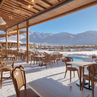 A realistic photo of a beautiful Cafe in winder resort1,desert display,winter resort1,hyper detailed,16K,HDR,hyper-realistic,sharp focus,high contrast,trending on artstation,studio photo